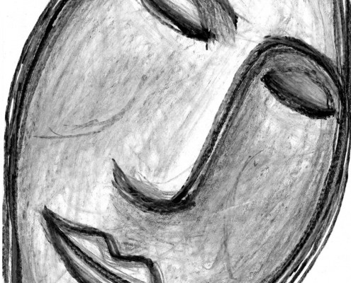 A mask of a woman face made by Antenna Theater.