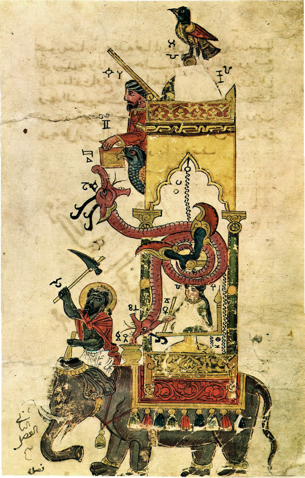 Painted manuscript illustration of al-Jazari's elephant clock with figures on its back