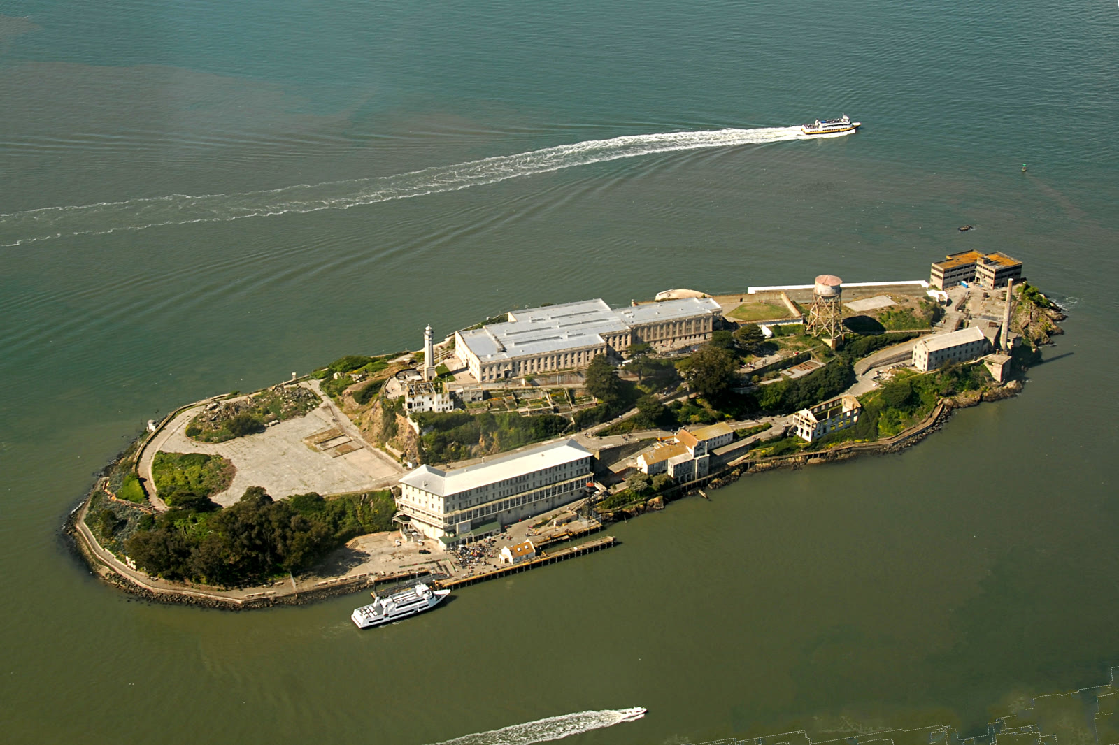 Aerial view of Alcatraz Island in San Francisco Bay, home of the 1987 cellhouse audio tour