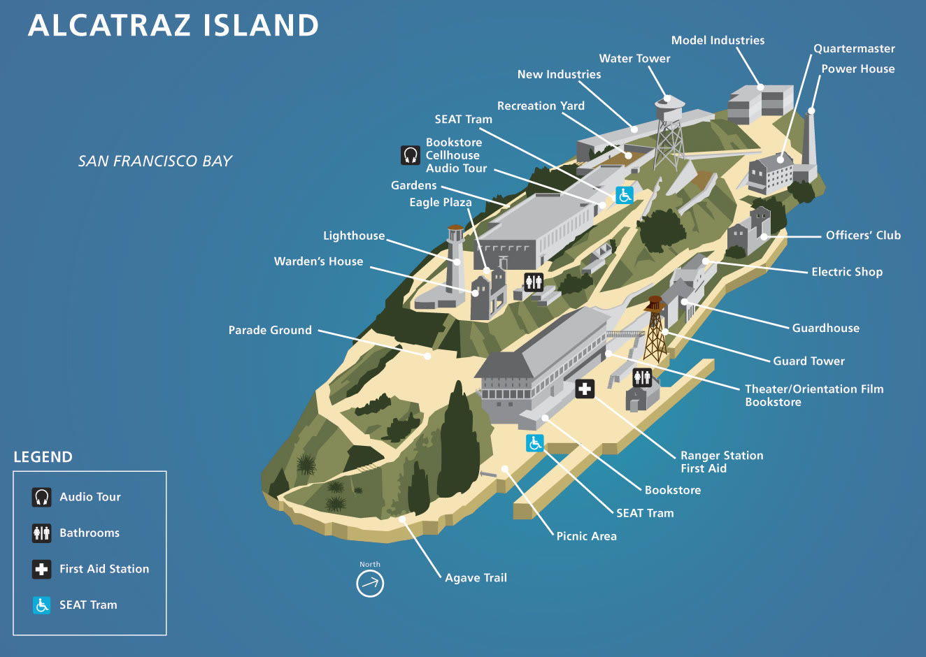 National Park Service map of Alcatraz Island labeling the dock, cellhouse and other points of interest