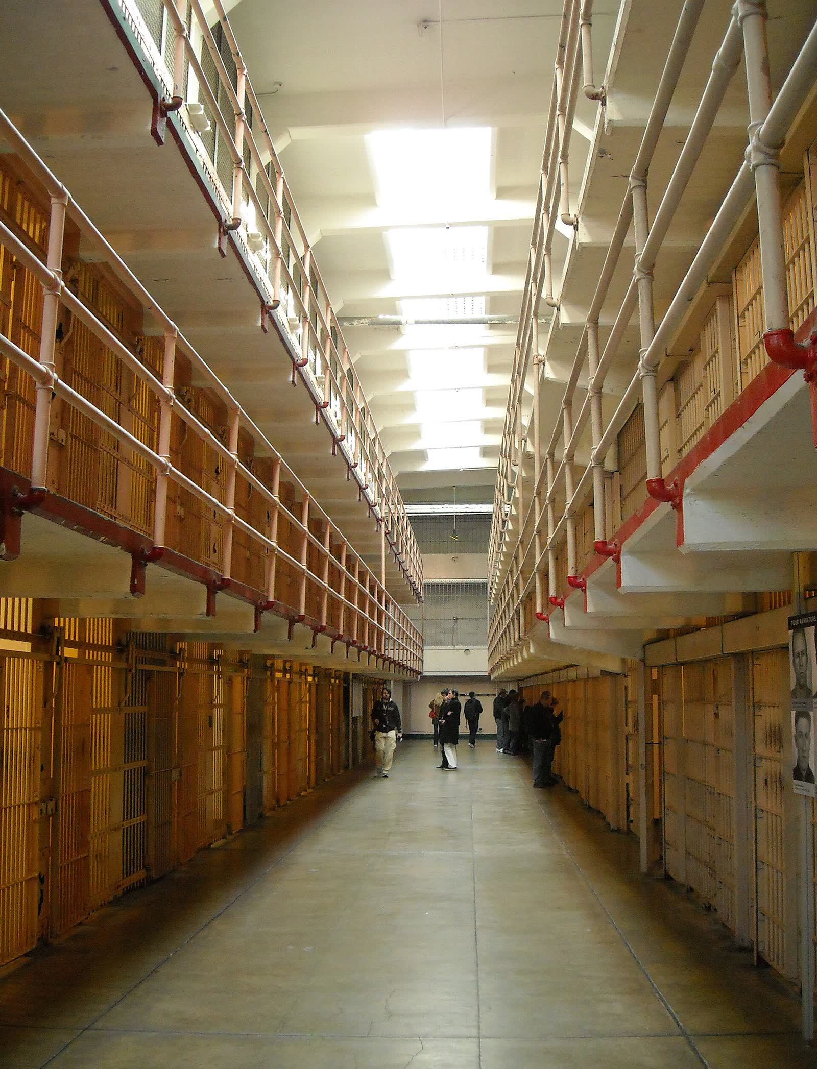 Interior of the Main Cellhouse on Alcatraz Island, with tiers of prison cells along a corridor