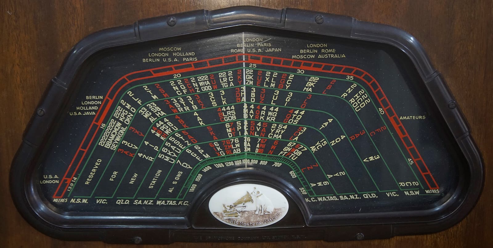 Close view of an AM radio tuning dial with its frequency scale