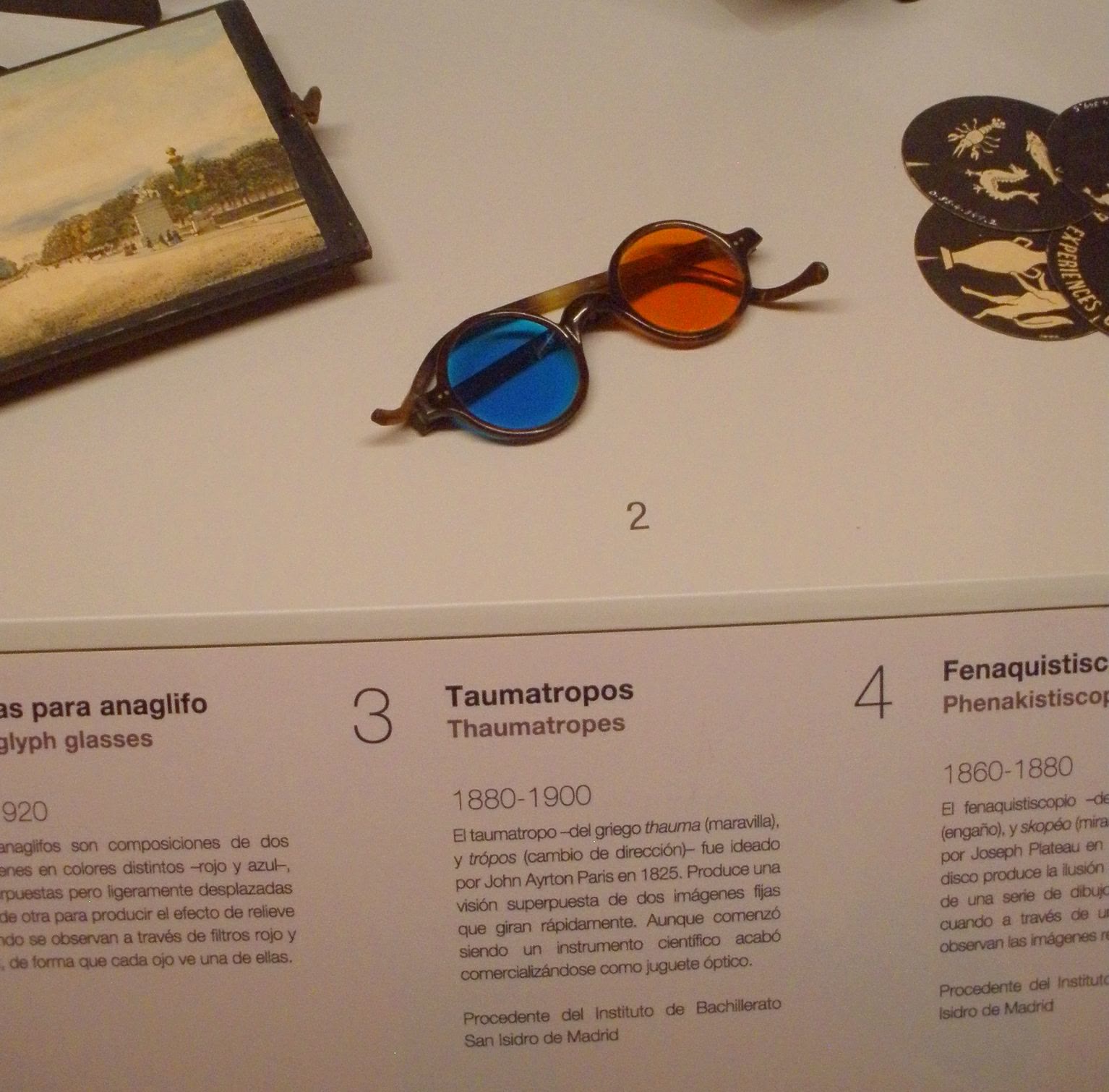 Anaglyph glasses with two differently coloured lenses on display at Spain's National Museum of Science and Technology (MUNCYT)