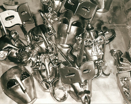 A group of theatrical masks made by Antenna Theater for its masked actors and maze shows