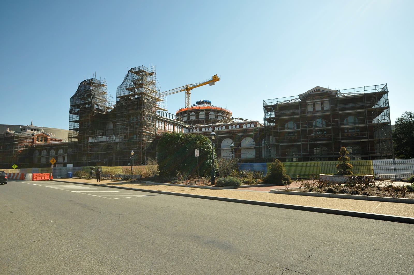 The Arts and Industries Building wrapped in scaffolding during its restoration