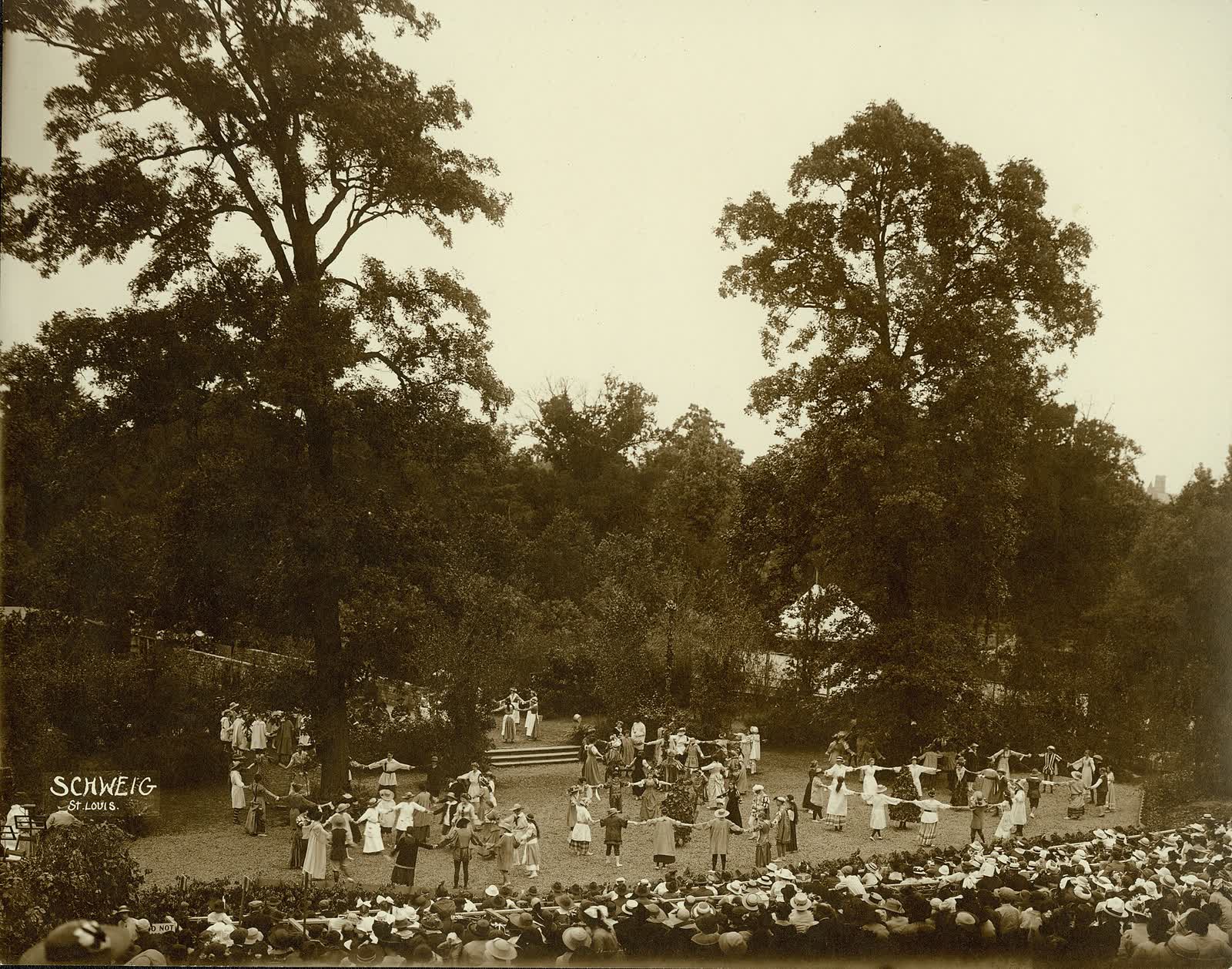 Costumed dancers in a folk dance sequence from As You Like It, performed outdoors in Forest Park in 1916