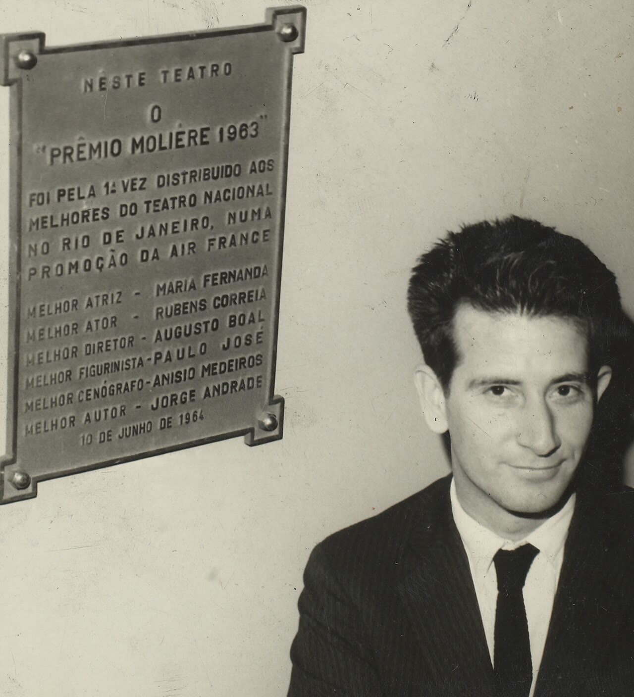 Black and white press photograph of a young Augusto Boal in 1958