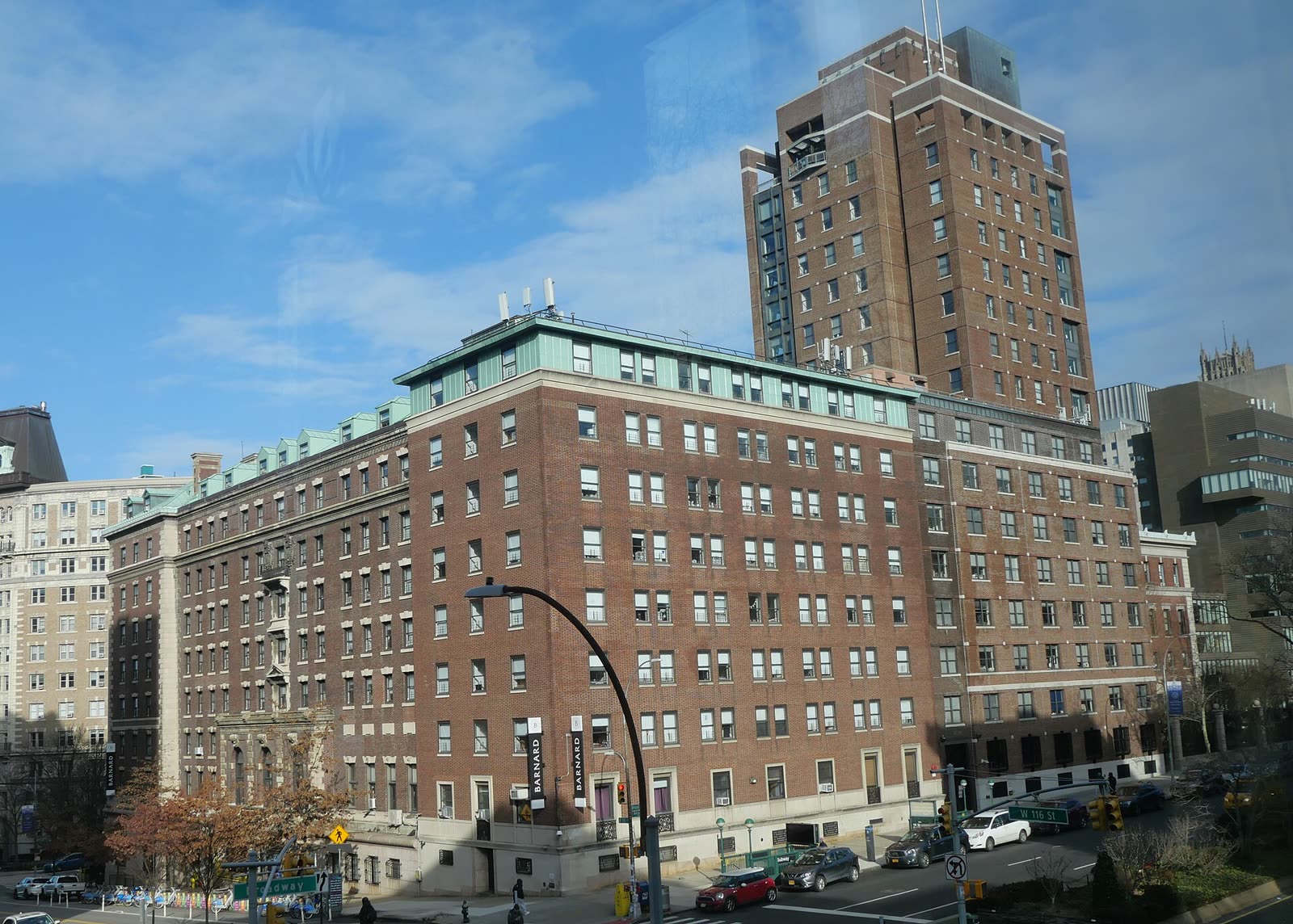 Barnard College buildings seen across West 118th Street from Pulitzer Hall on a sunny morning