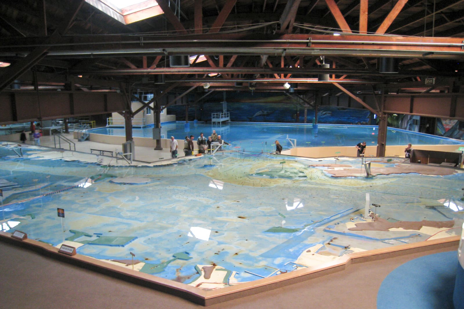 A wide view across the Army Corps of Engineers' Bay Model in its Sausalito warehouse