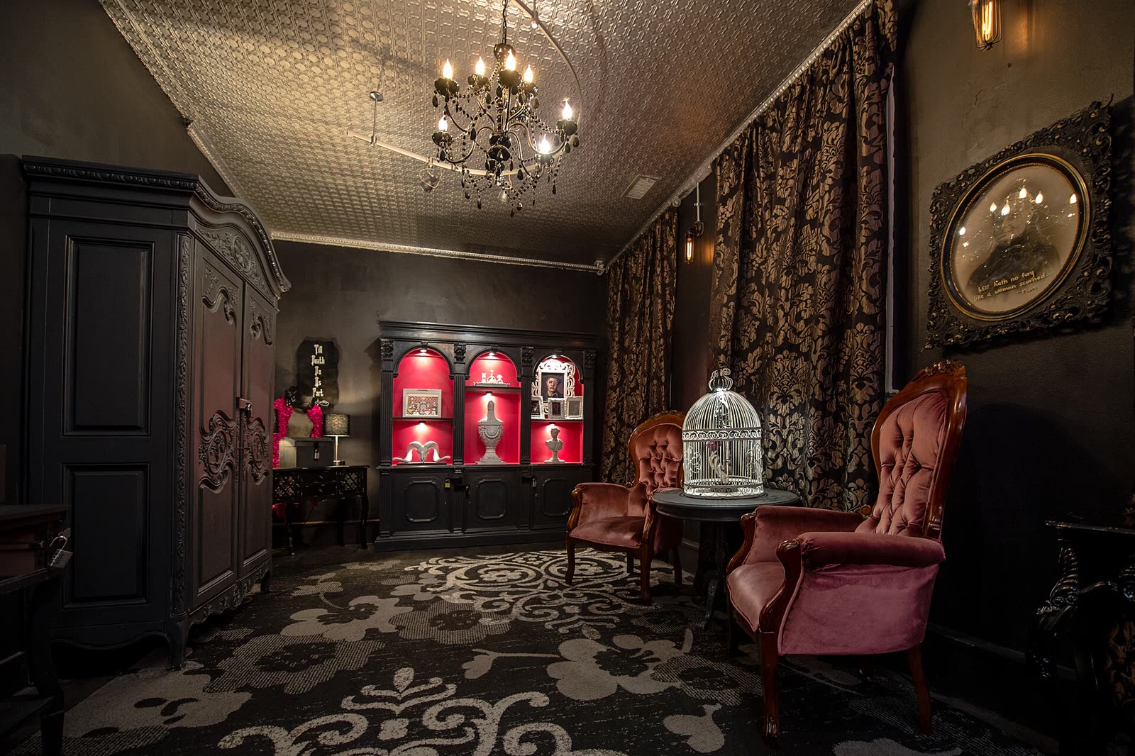 The themed set of The Black Widow escape room at Escape Quest in Alexandria, Virginia