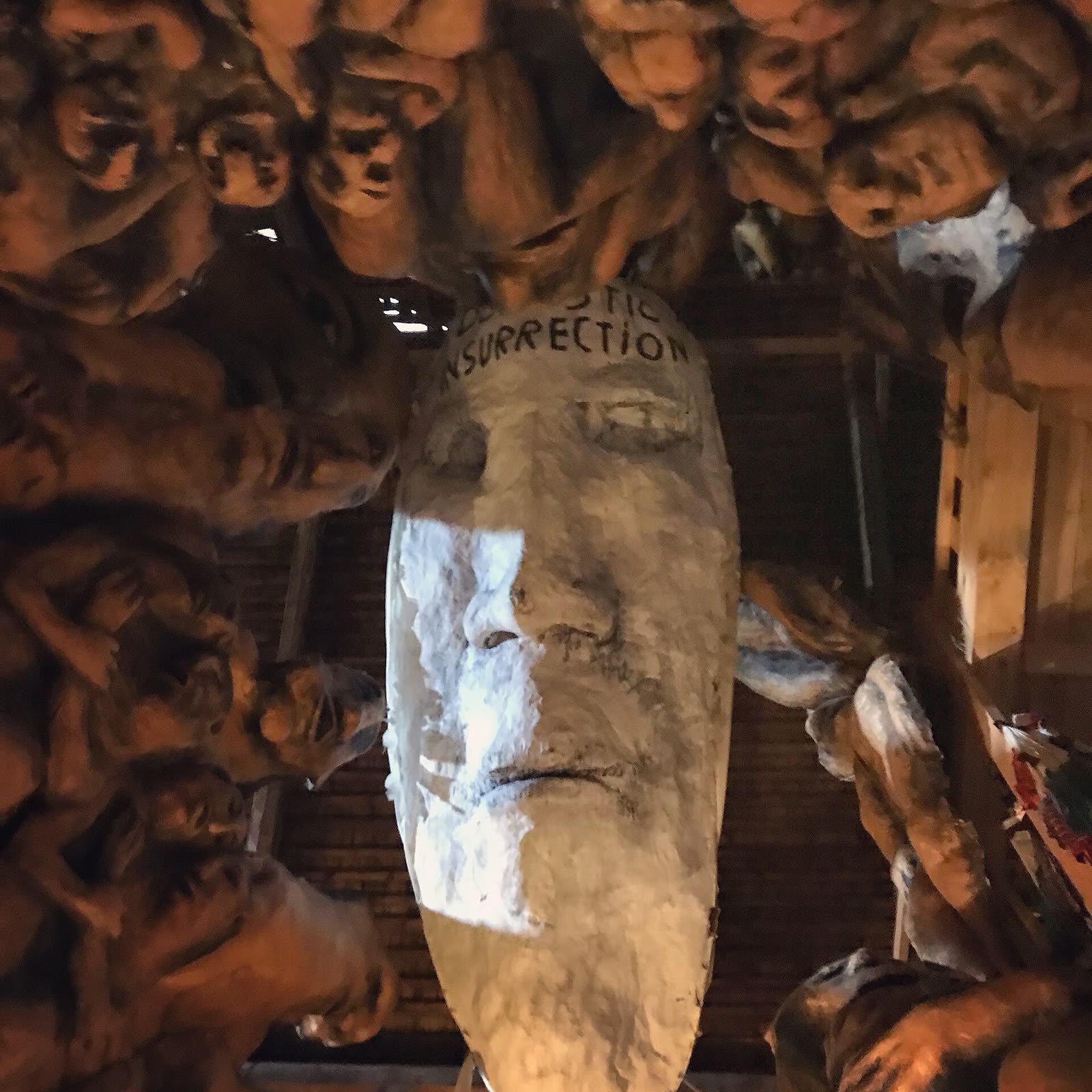 Puppets and masks crowded inside the Bread and Puppet Museum barn in Glover, Vermont, in 2017