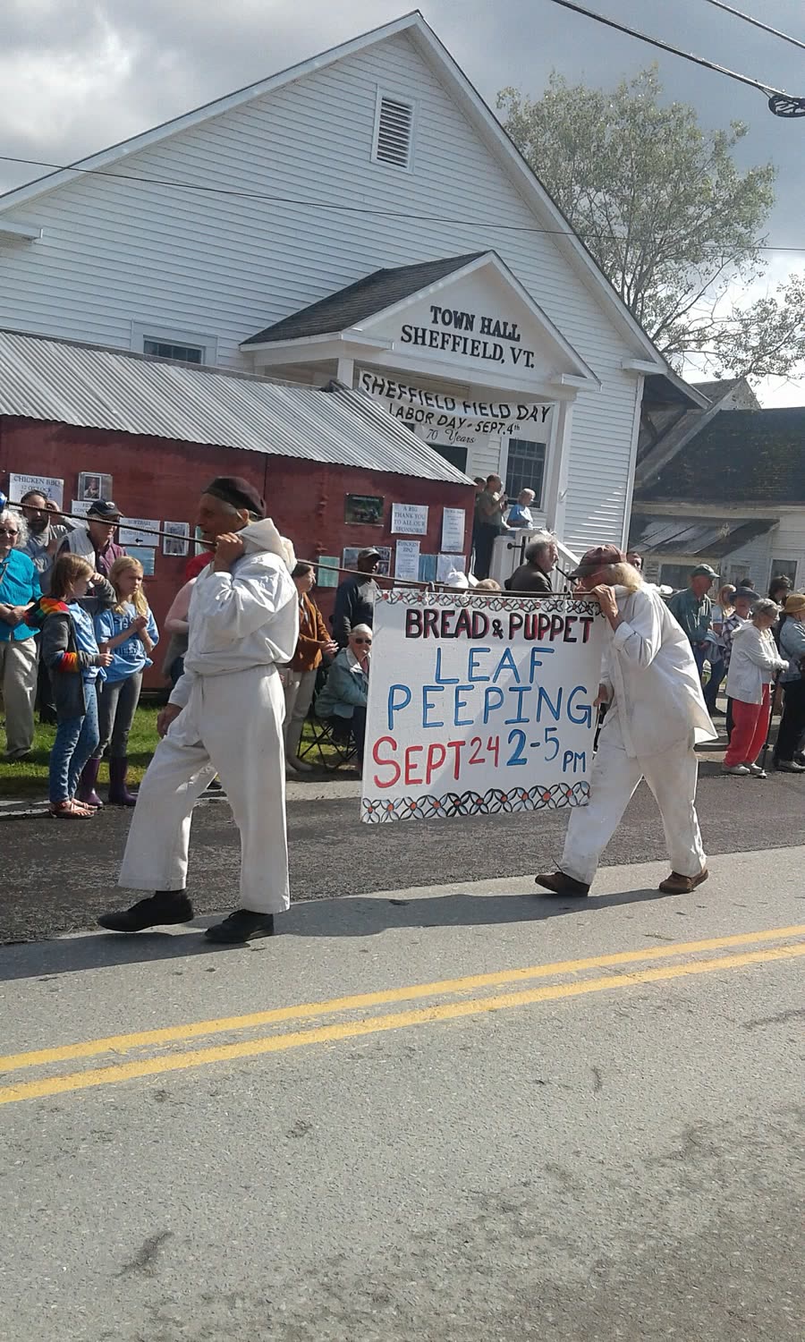 Bread and Puppet Theater paraders in downtown Sheffield, Vermont, on Labor Day 2017