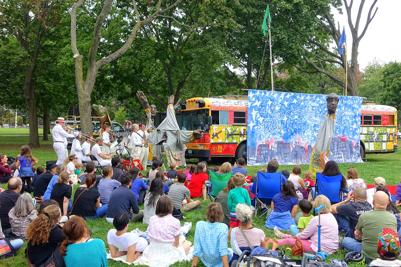 Bread and Puppet Theater performers during an outdoor show in Cambridge, Massachusetts, in 2018