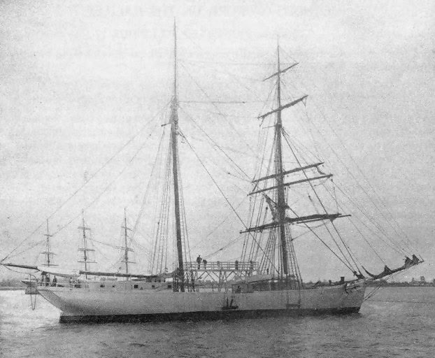 Black and white photograph of the brigantine Galilee under sail on a survey cruise