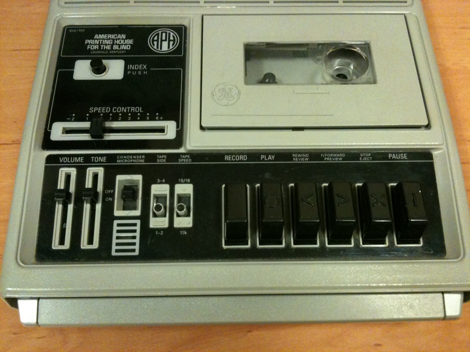 A portable cassette player and recorder designed for blind users, suitable for books on tape