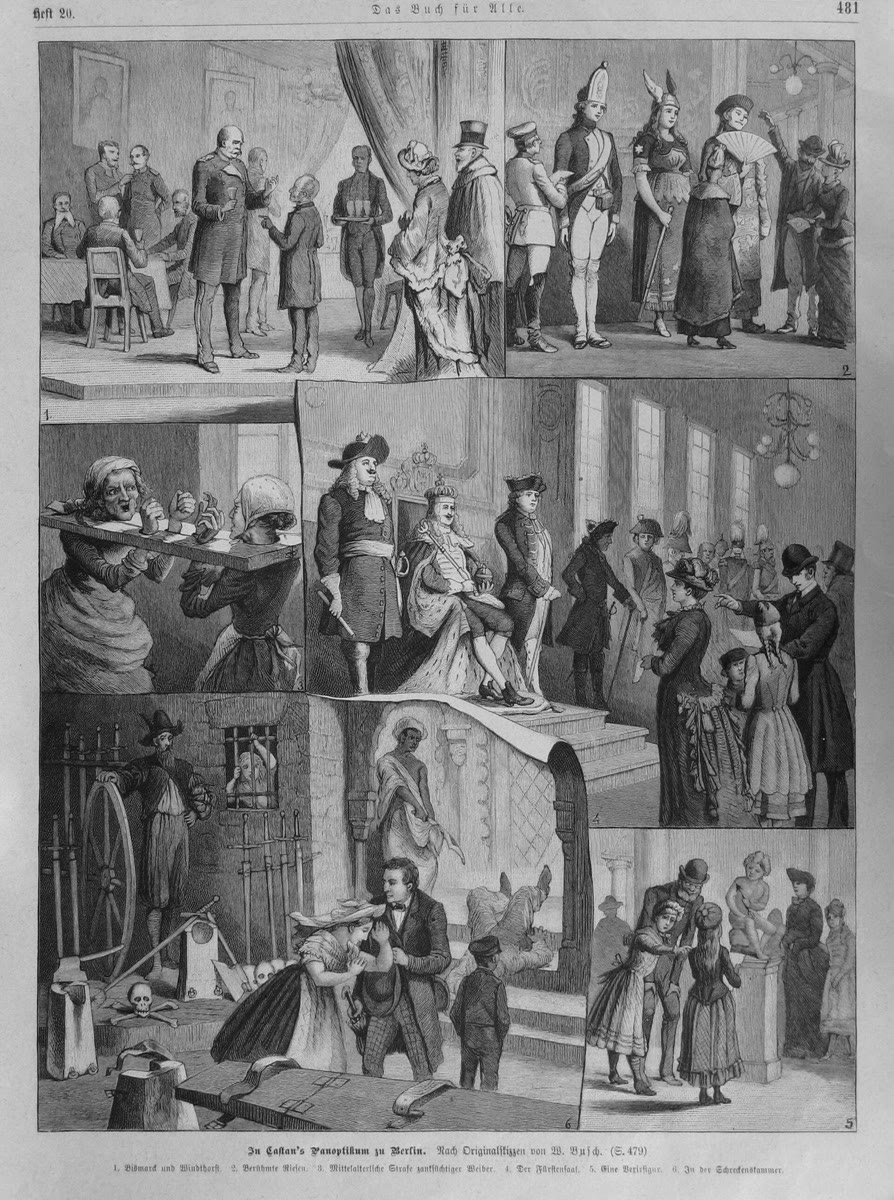 An 1890 print of visitors at an exhibition in Castan's Panoptikum on Friedrichstrasse, Berlin