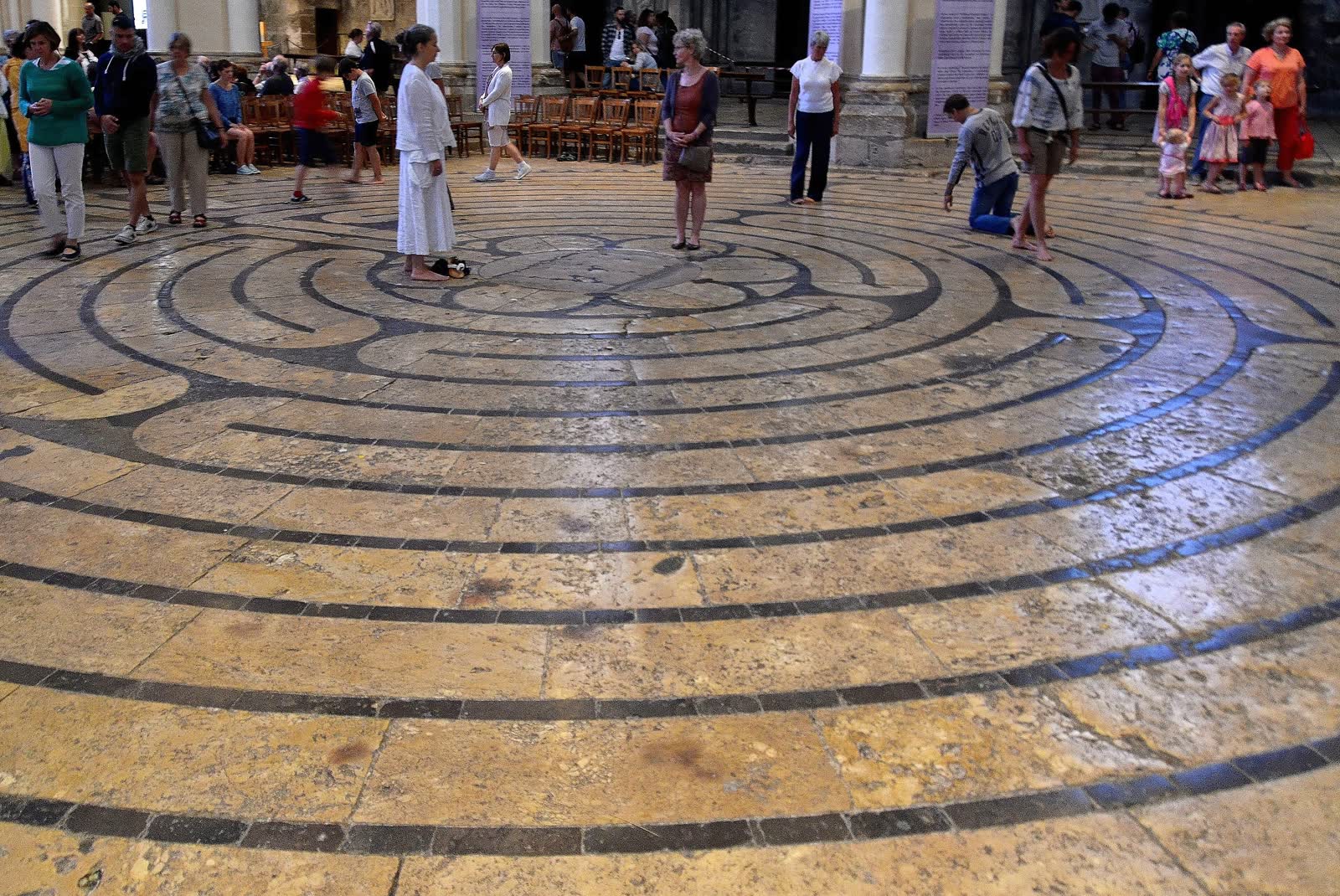 Eleven-circuit stone labyrinth set into the nave floor of Chartres Cathedral, France