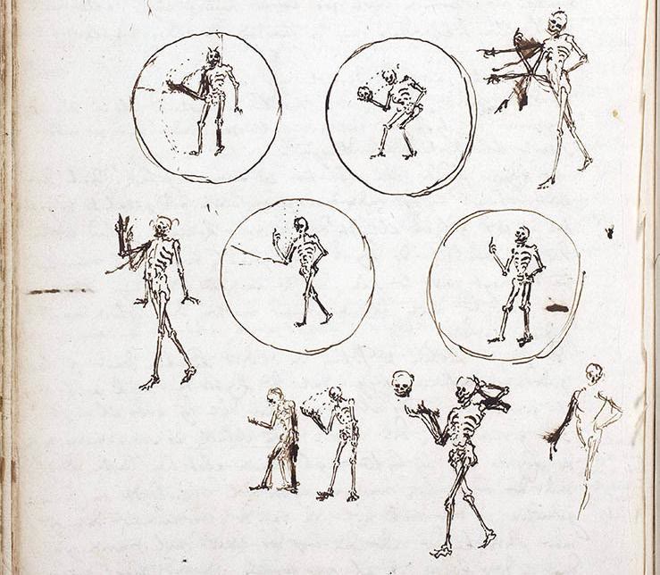 Christiaan Huygens's 1659 sketches of a skeleton figure of Death taking off its head, drawn for projection