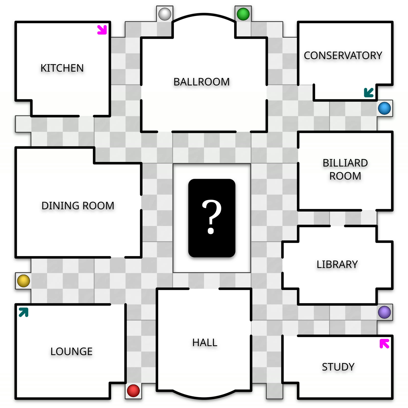 A redrawn plan of the classic Cluedo board with the room names written in text