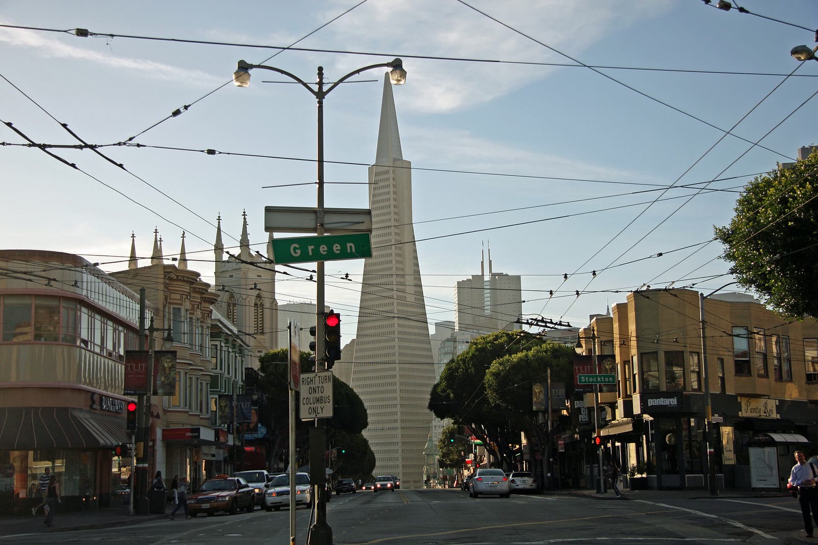 Columbus Avenue at its intersection with Stockton Street and Green Street in North Beach, San Francisco, looking toward the Transamerica Pyramid