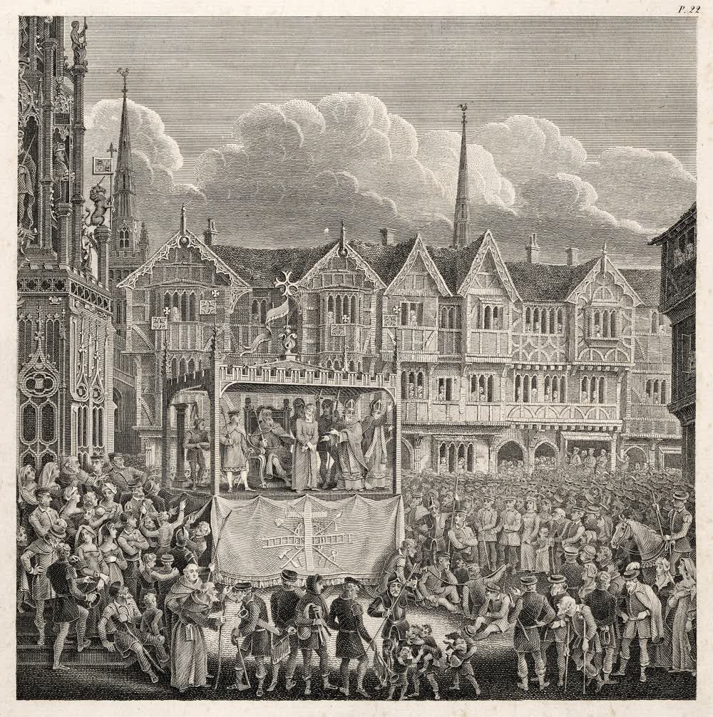 Engraving of a two-level pageant wagon with actors performing above a street crowd