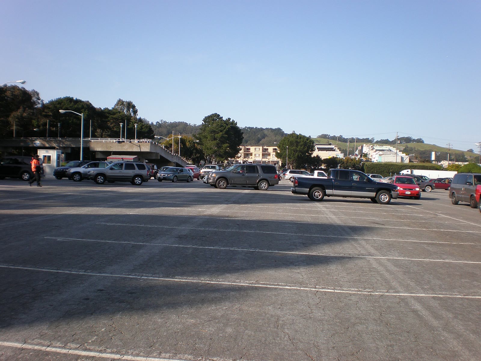 The wide parking lot of the Cow Palace arena in Daly City, California