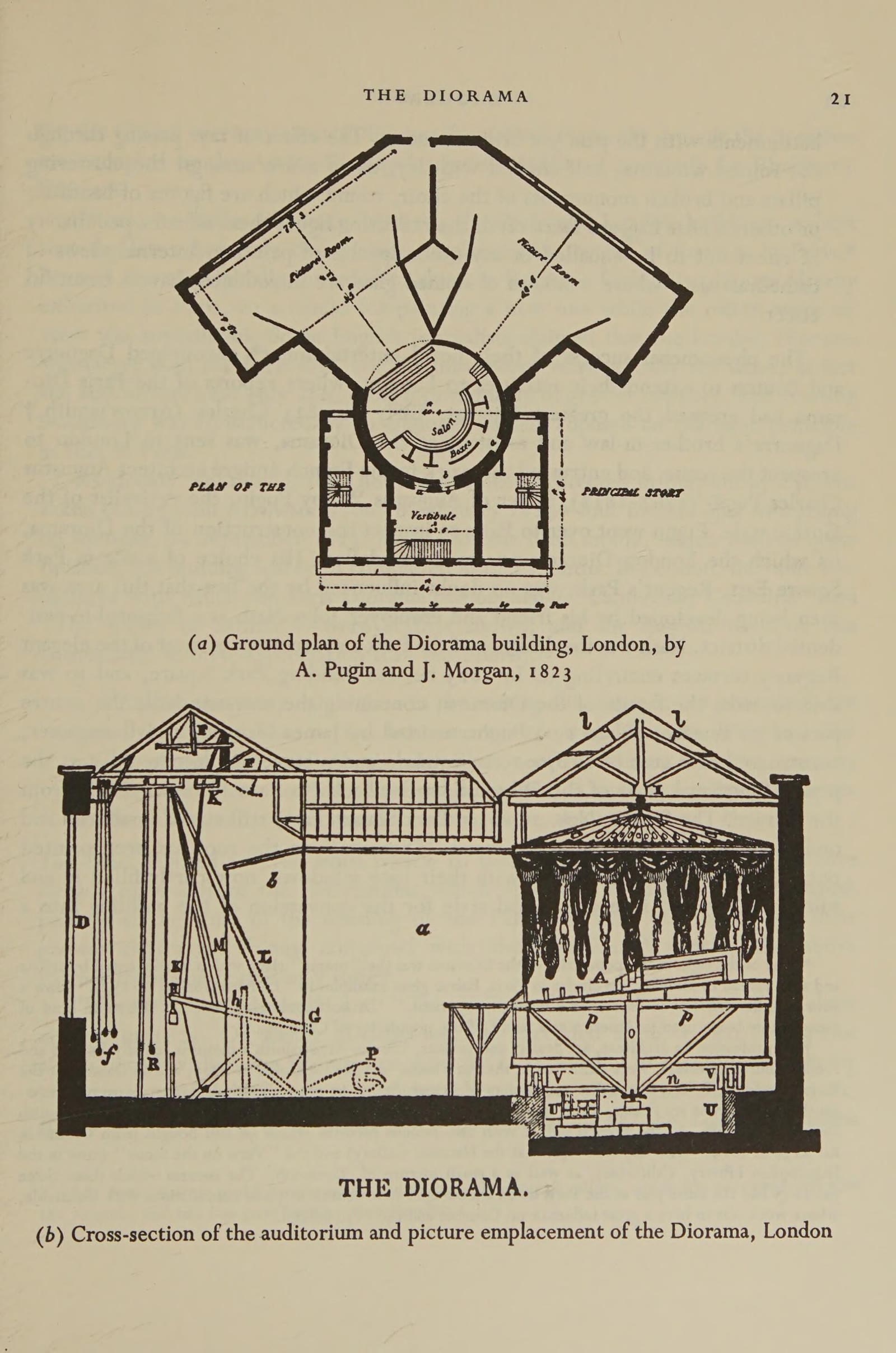 Engraved plan and cross-section of Louis Daguerre's Diorama building, showing the auditorium and the picture stages