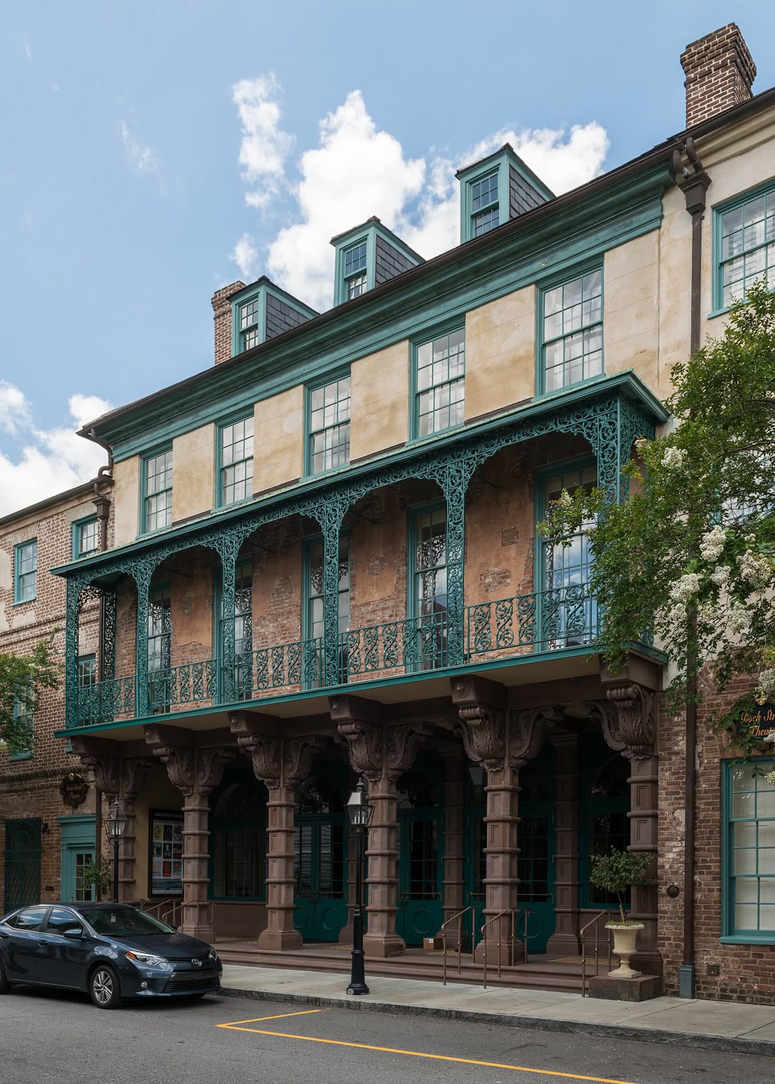 The facade of the Dock Street Theatre on Church Street in Charleston, South Carolina
