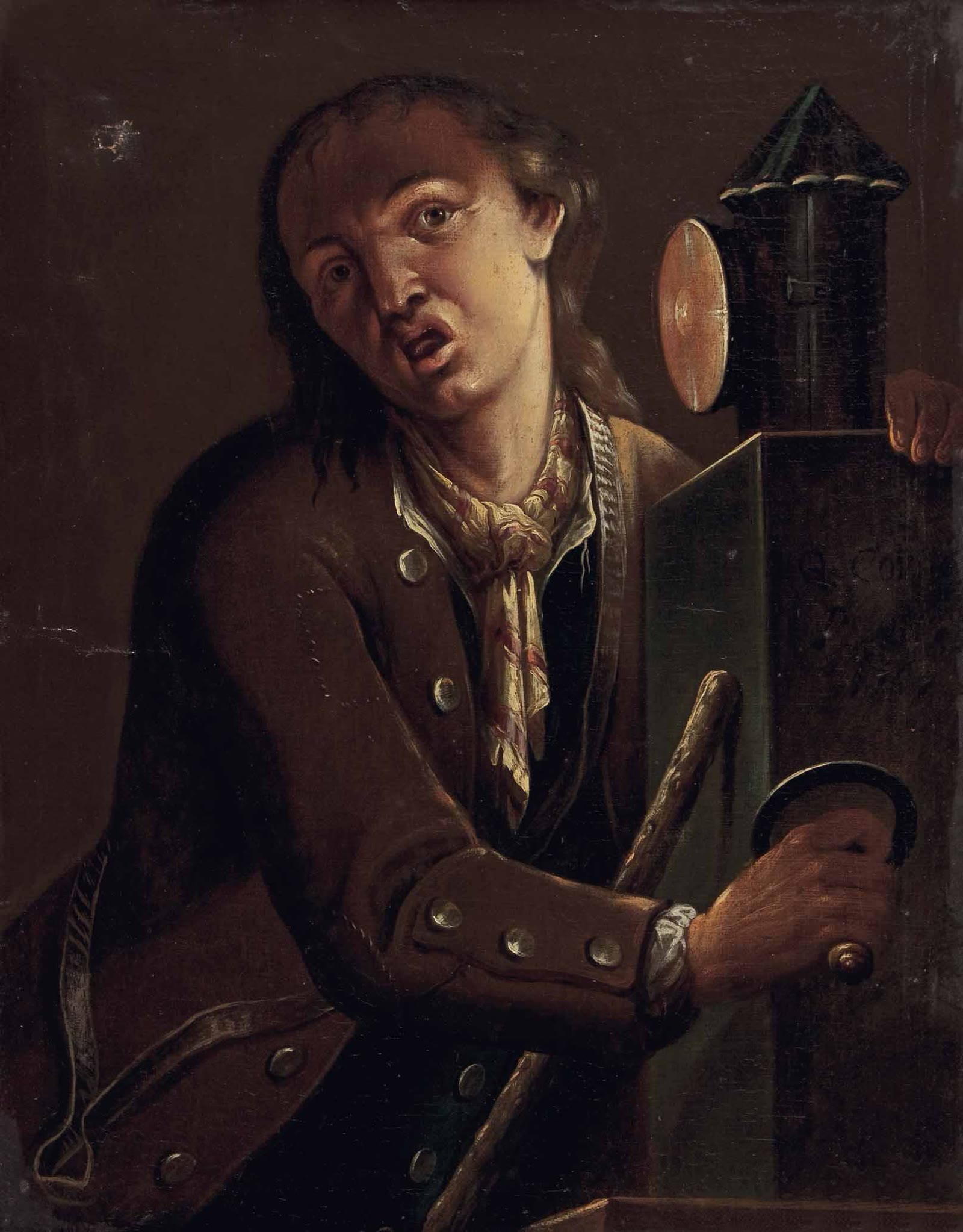 An eighteenth-century German oil painting of a street crier with a magic lantern