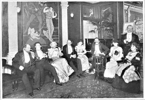 Listeners in the Electrophone Salon on Gerrard Street, London, hearing live theatre by telephone in 1901