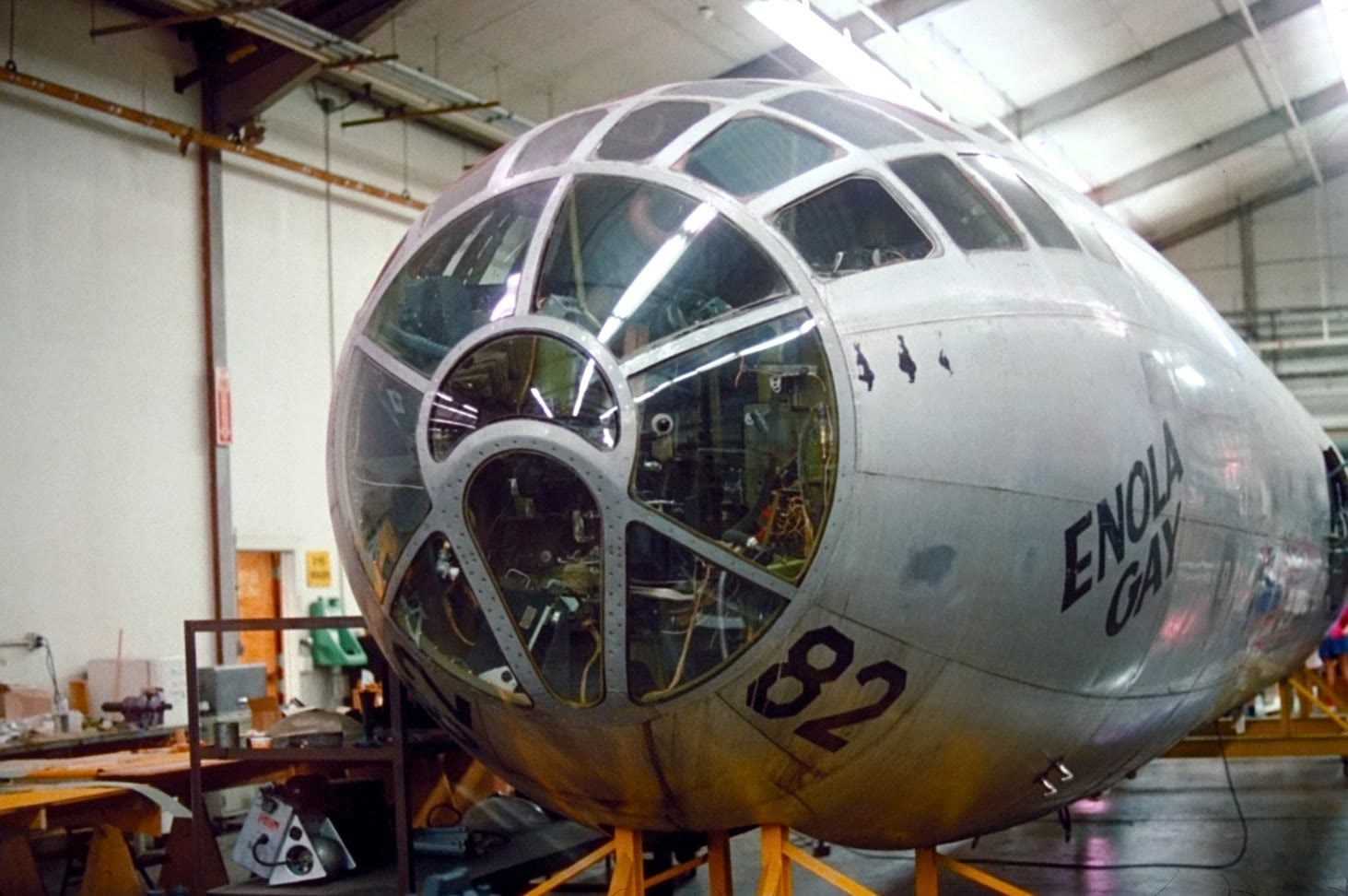 Parts of the Enola Gay stored inside a Smithsonian warehouse, photographed in 1987
