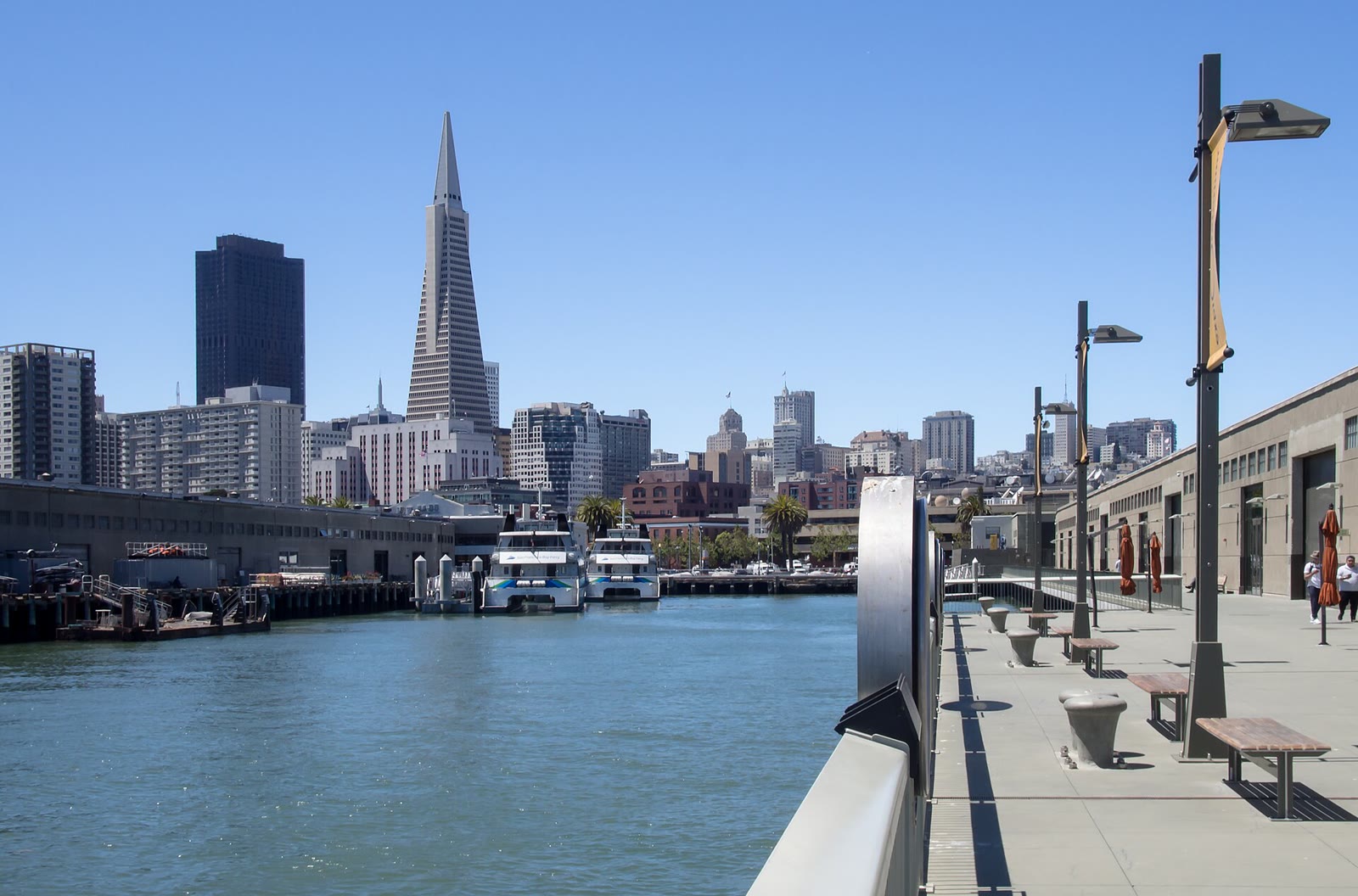 The Exploratorium at Pier 15 on the San Francisco waterfront with downtown towers behind it, 2016