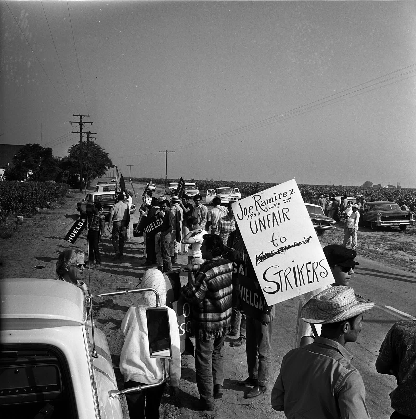 Farmworkers on strike in Delano, California, on October 17, 1965