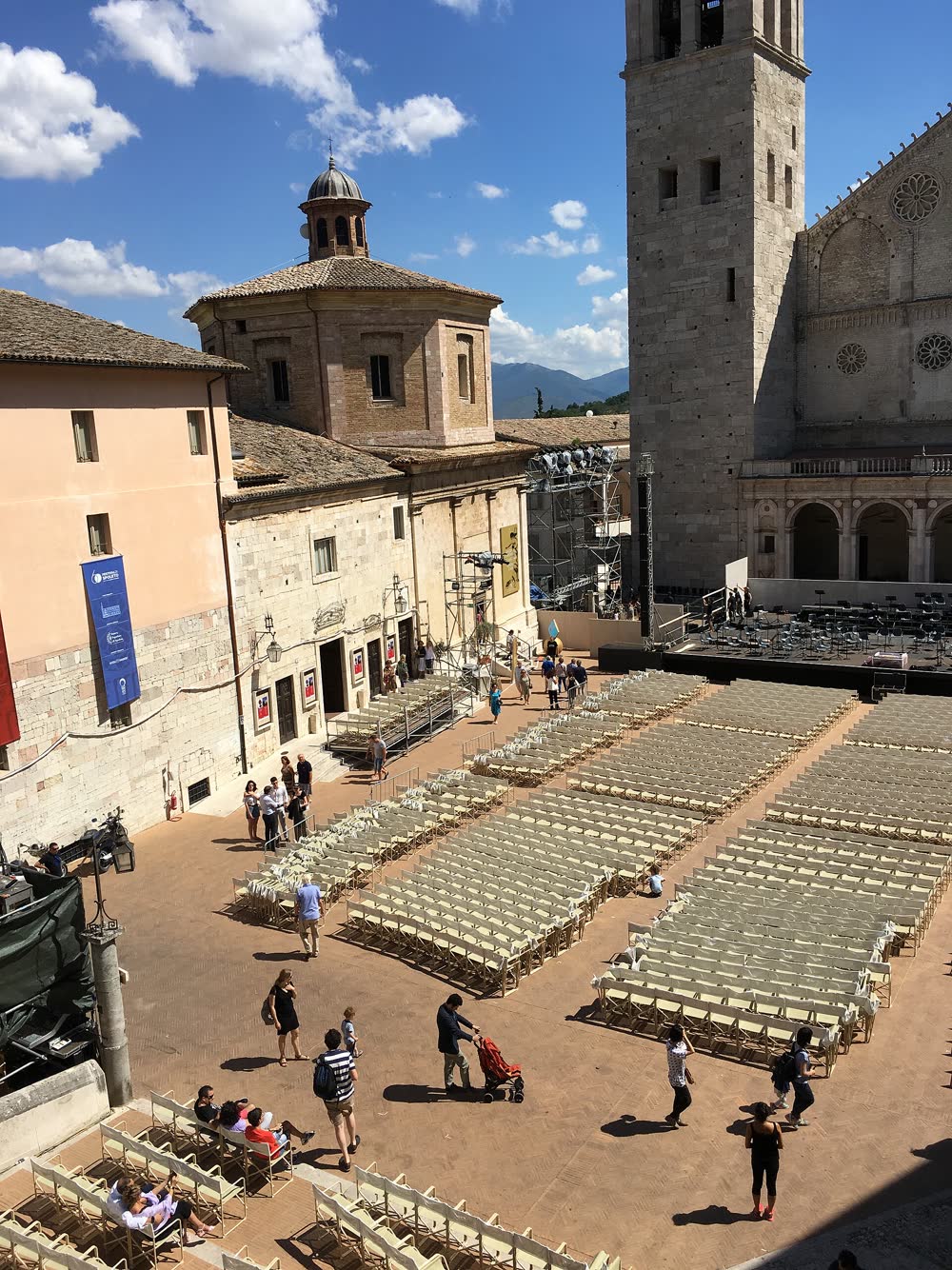 Stage being prepared for a concert in Piazza Duomo in Spoleto, Italy, during the Festival dei Due Mondi