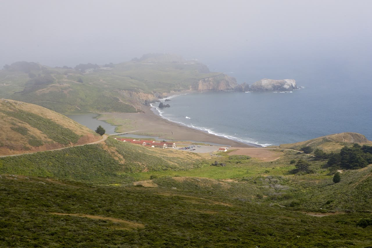 A view south over Rodeo Lagoon, Fort Cronkhite and Rodeo Beach in the Marin Headlands