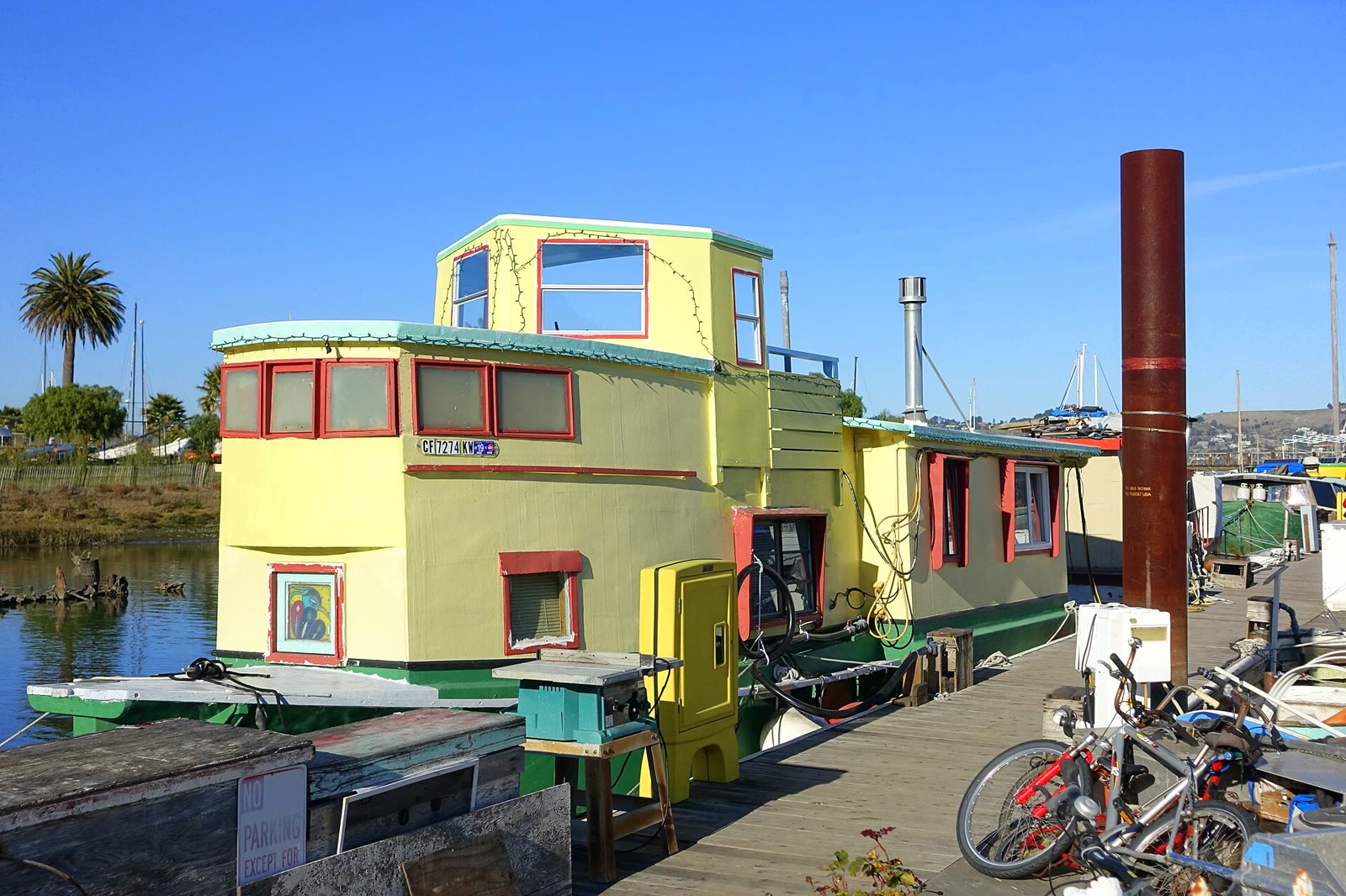 A boat moored in Galilee Harbor, Sausalito