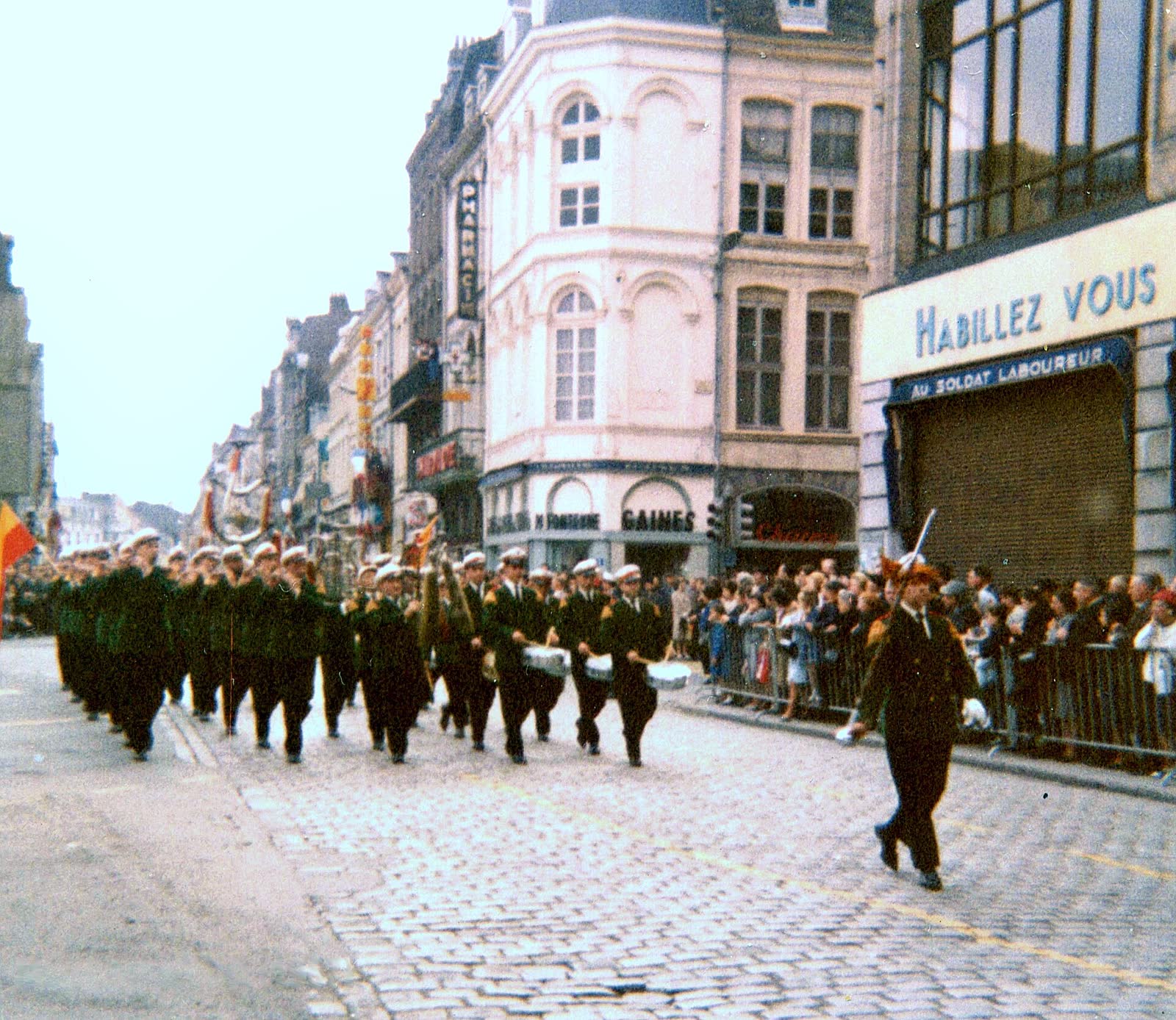 The Gayant giant figures in procession through Douai, France, July 1957