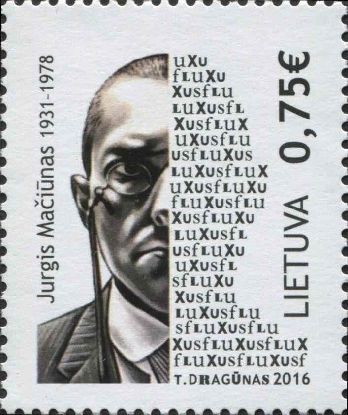 Lithuanian postage stamp showing a drawn portrait of Jurgis Maciunas beside columns of the letters FLUXUS