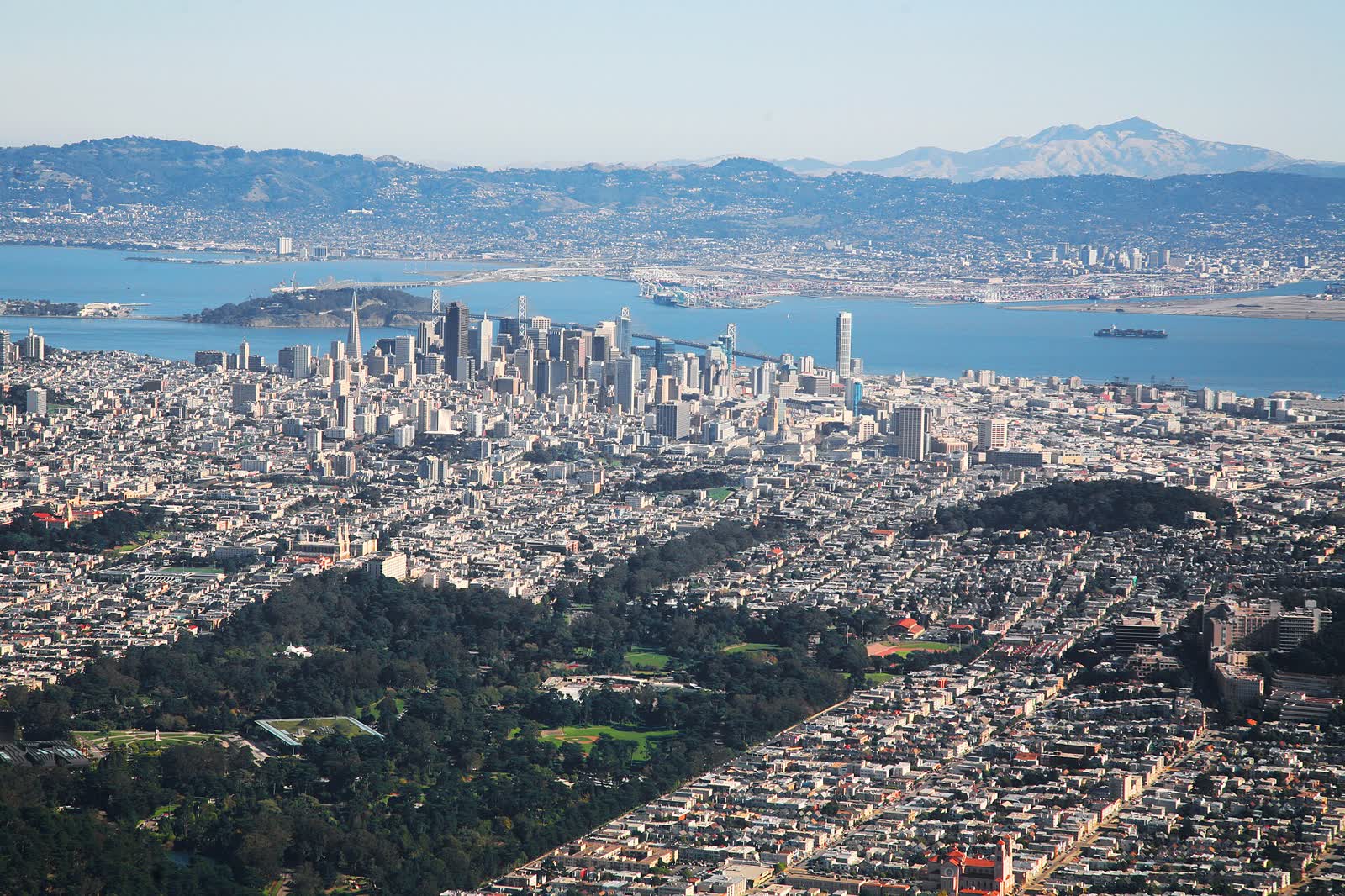 Aerial view of Golden Gate Park in San Francisco with the Panhandle reaching toward downtown