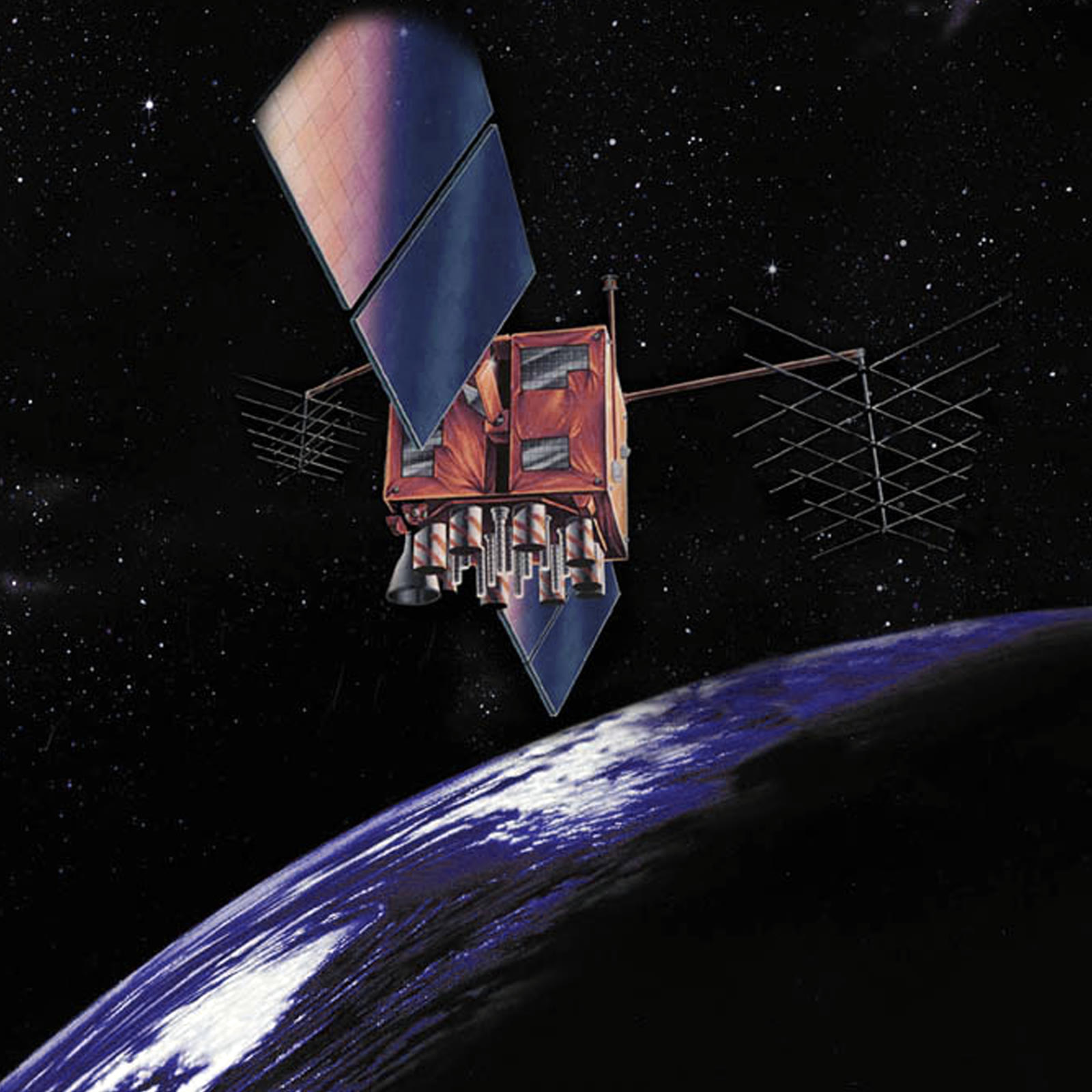 Artist's impression of a GPS Block IIR navigation satellite in orbit above Earth
