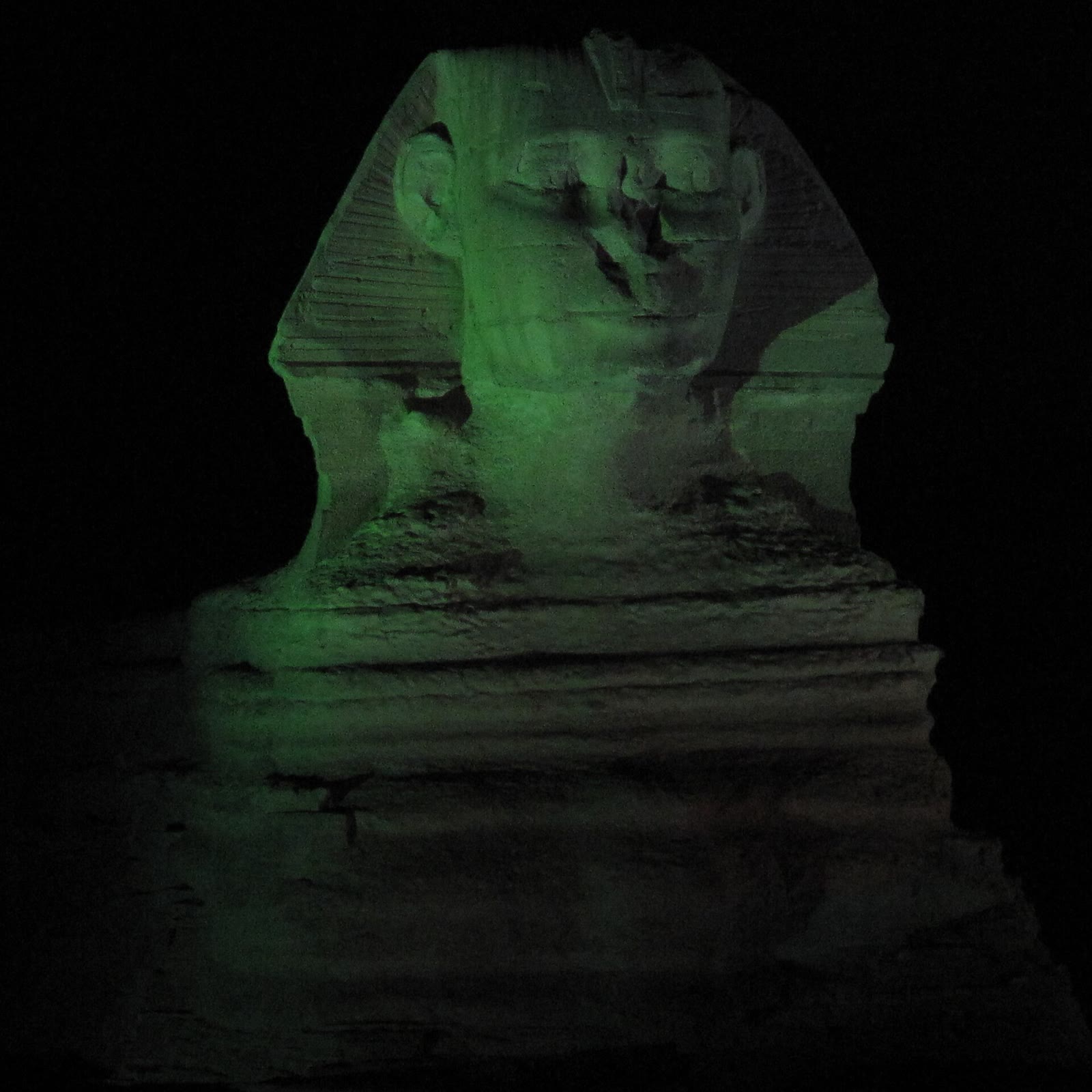 The Great Sphinx lit with coloured light at night during the sound and light show at the Giza pyramids, July 23, 2009