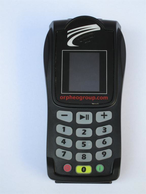 Handheld museum audio guide device of the kind visitors carry on a stop-by-stop audio tour