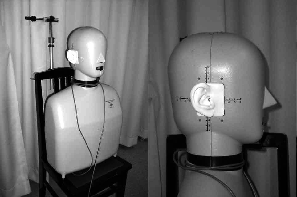 A Brüel & Kjær head and torso simulator, an acoustic dummy used to capture sound as a listener hears it