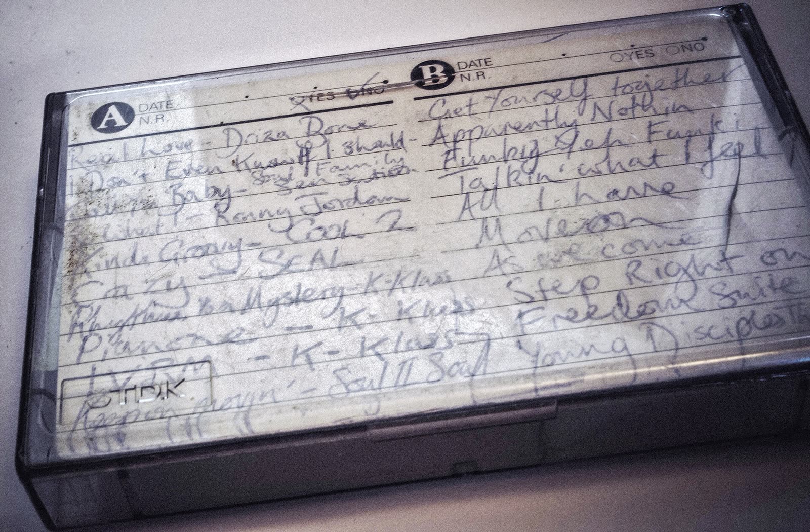 A home-made mixtape from about 1991 with a handwritten track list on its sleeve