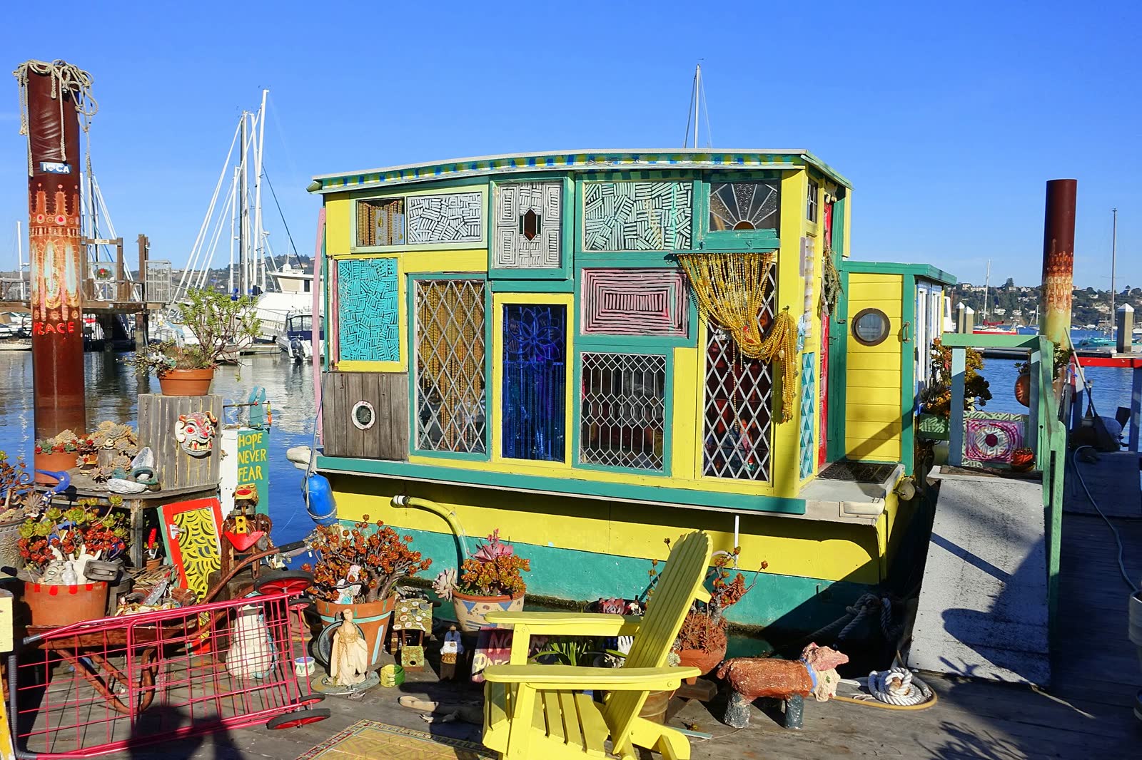 The houseboat Hope Never Fear moored in Galilee Harbor on the Sausalito waterfront