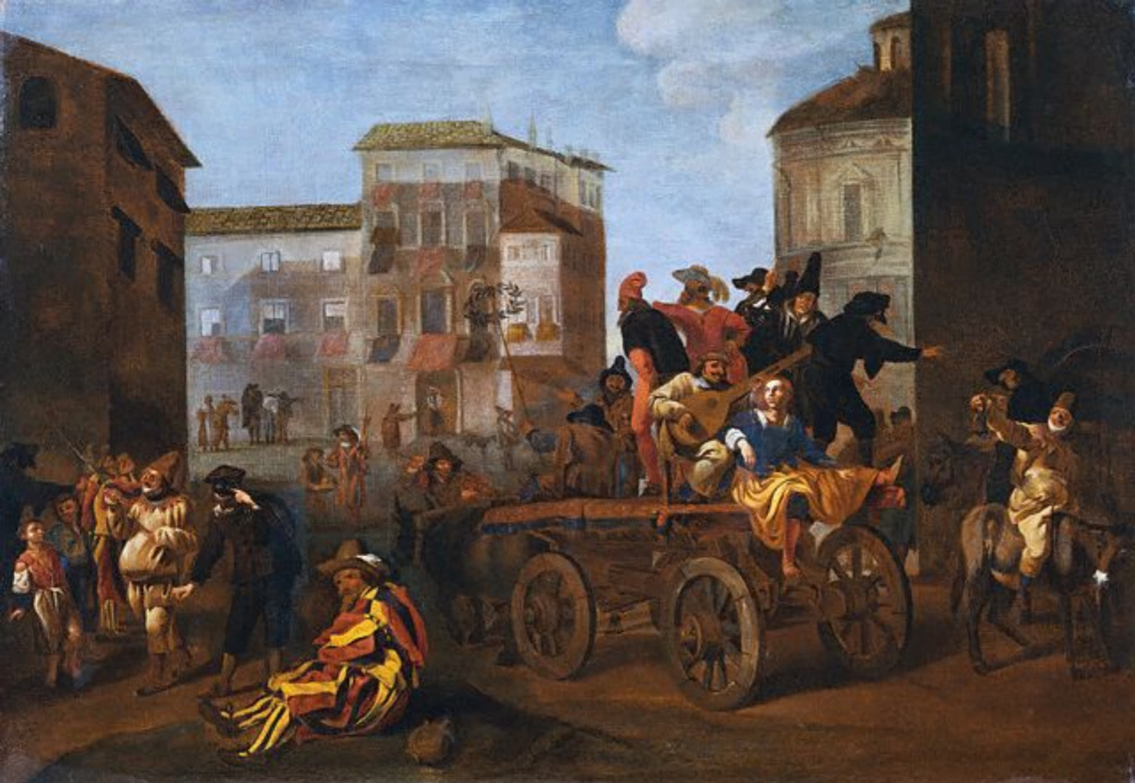 Painting of commedia dell'arte actors performing on a wagon in a town square