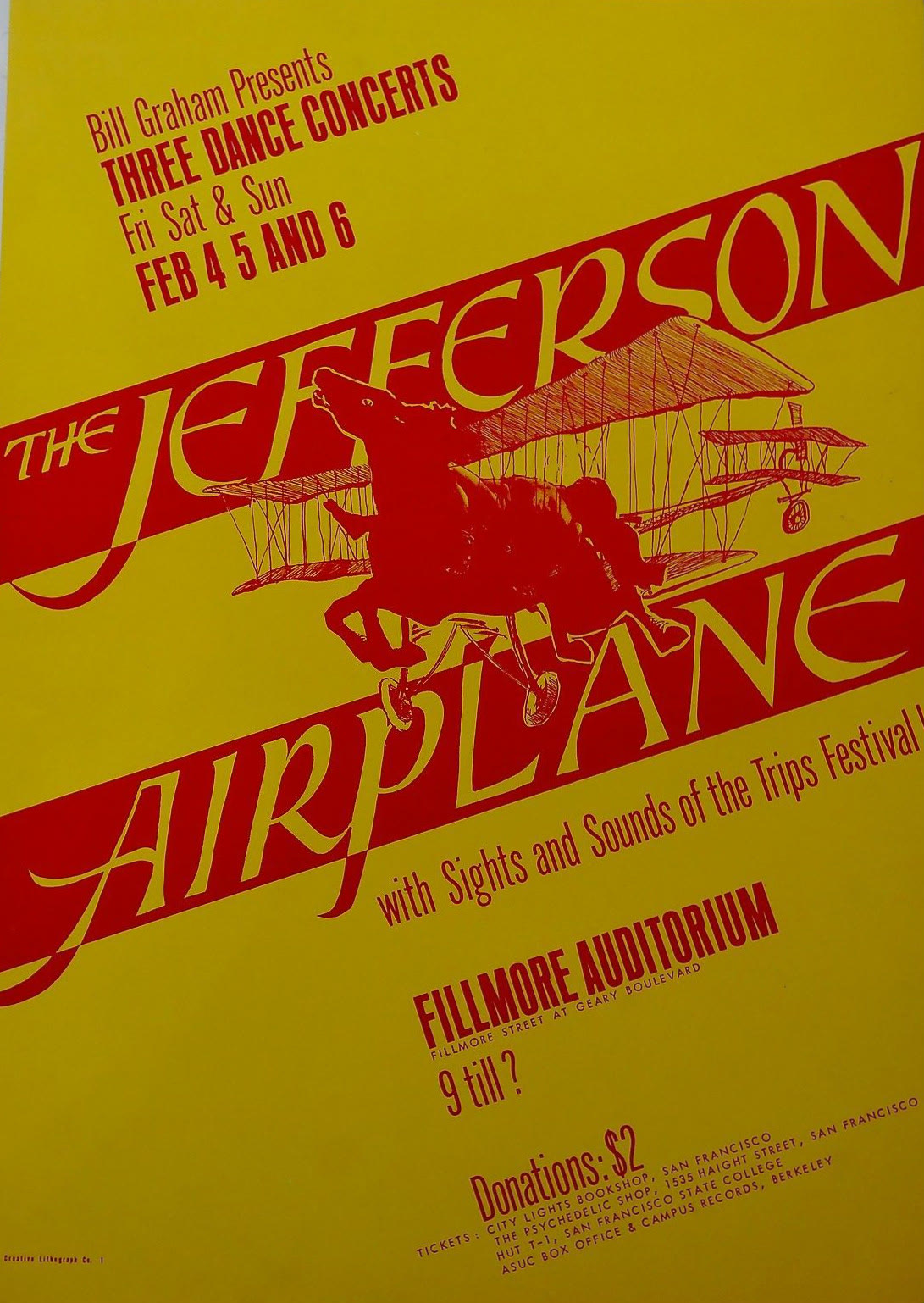 Concert poster advertising Jefferson Airplane at Bill Graham's Fillmore Auditorium in 1966