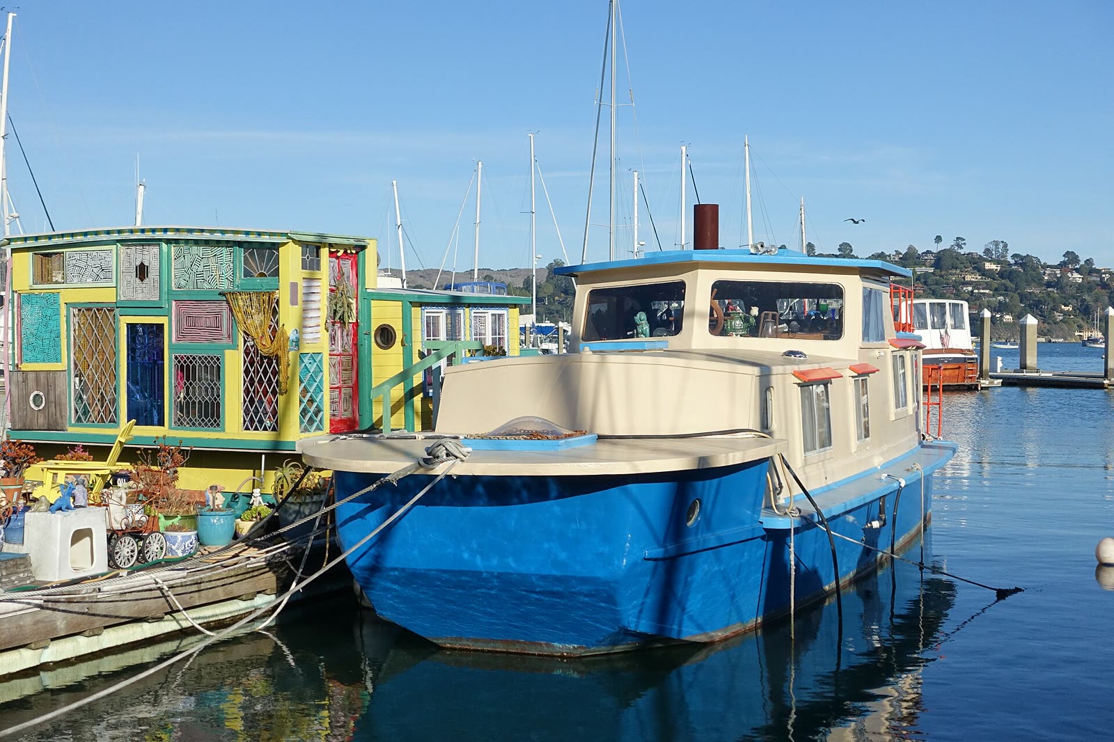 The Jenny, a converted 1943 landing craft, moored as a home in Galilee Harbor, Sausalito