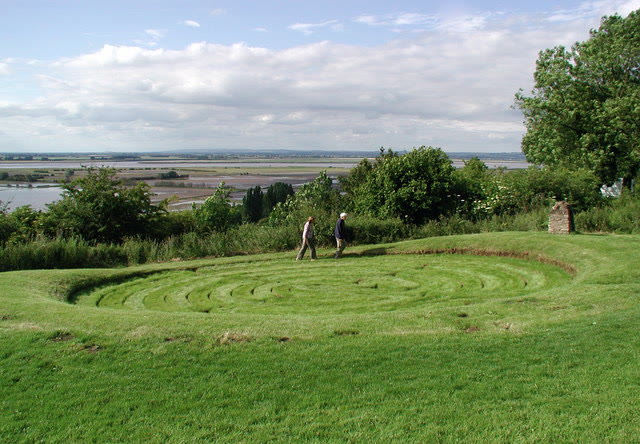 The single winding path of Julian's Bower, a turf labyrinth cut into the grass at Alkborough, Lincolnshire, in 2007