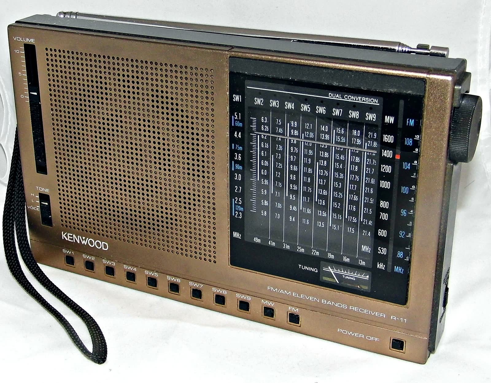A Kenwood R-11 portable shortwave, MW and FM radio with a signal meter and tone control